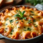 Casserole de nouilles au boeuf dorée, fromage fondu et herbes fraîches, servie sur une table.