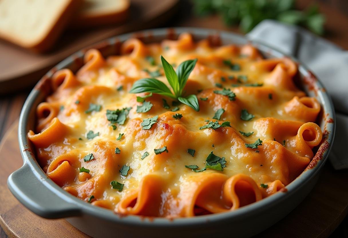 Casserole de nouilles au boeuf dorée, fromage fondu et herbes fraîches, servie sur une table.
