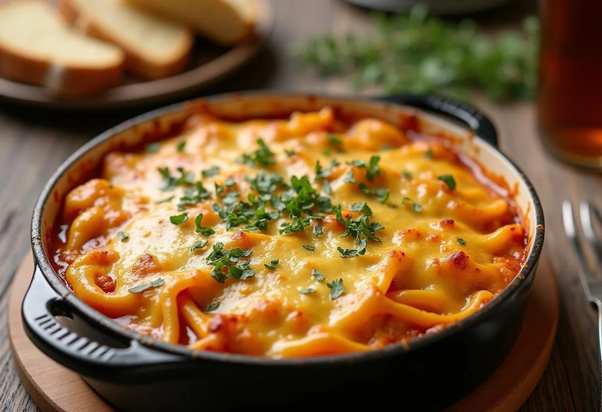Casserole de nouilles au boeuf dorée, fromage fondu et herbes fraîches, servie sur une table.