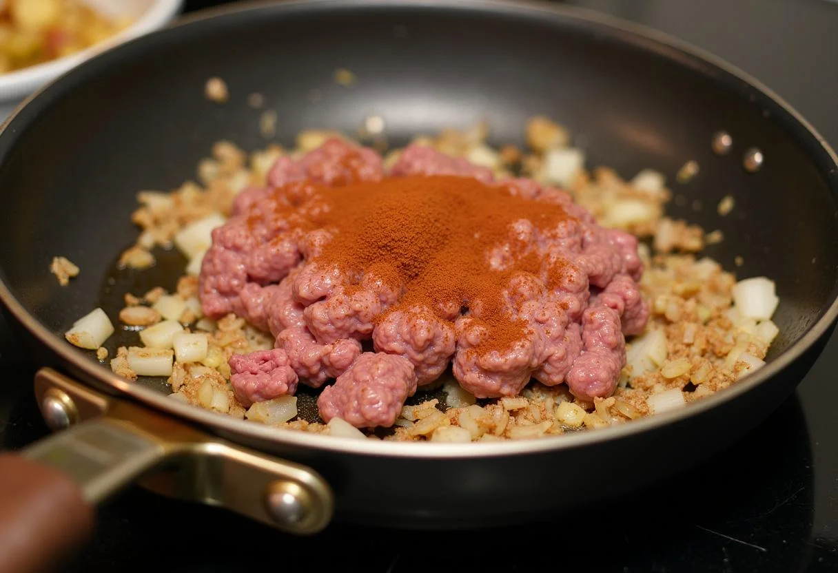Viande hachée de boeuf en train de cuire dans une poêle avec des oignons, préparation des nouilles au boeuf.