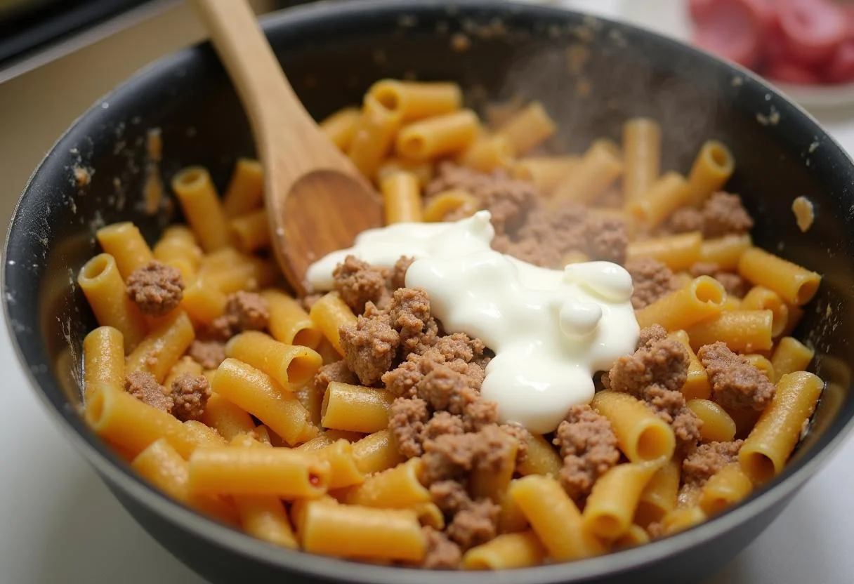 Mélange de nouilles au boeuf dans un bol avec de la crème sure, préparation de la casserole de nouilles.