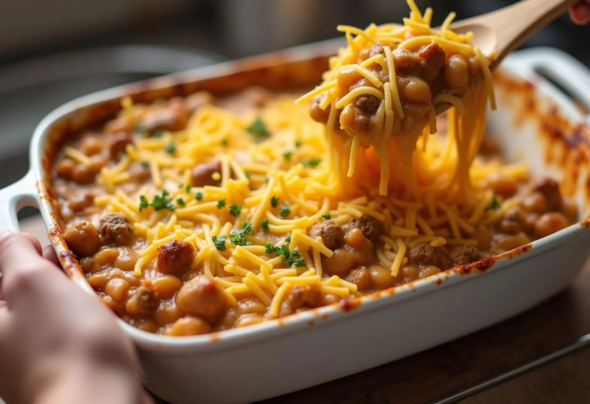 Découvrez un plat de cuisson rempli de nouilles au boeuf et crème, le tout prêt pour le four.