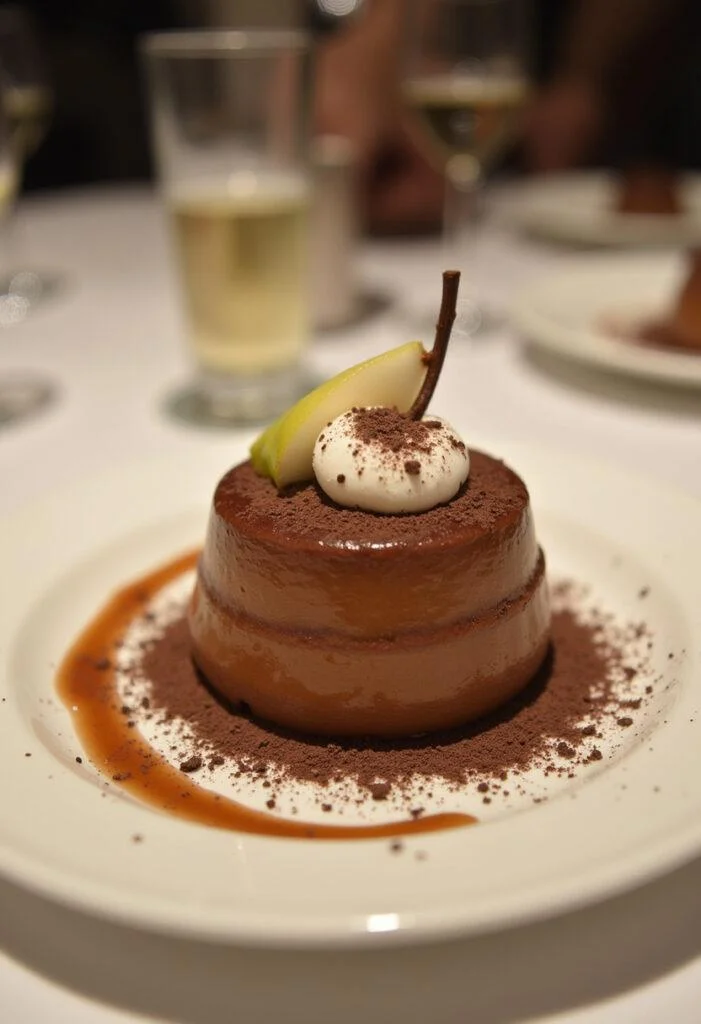Présenter la Charlotte Poire Chocolat Classique avec des copeaux de chocolat et des tranches de poire, un délice à déguster. Recettes faciles pour les occasions spéciales.