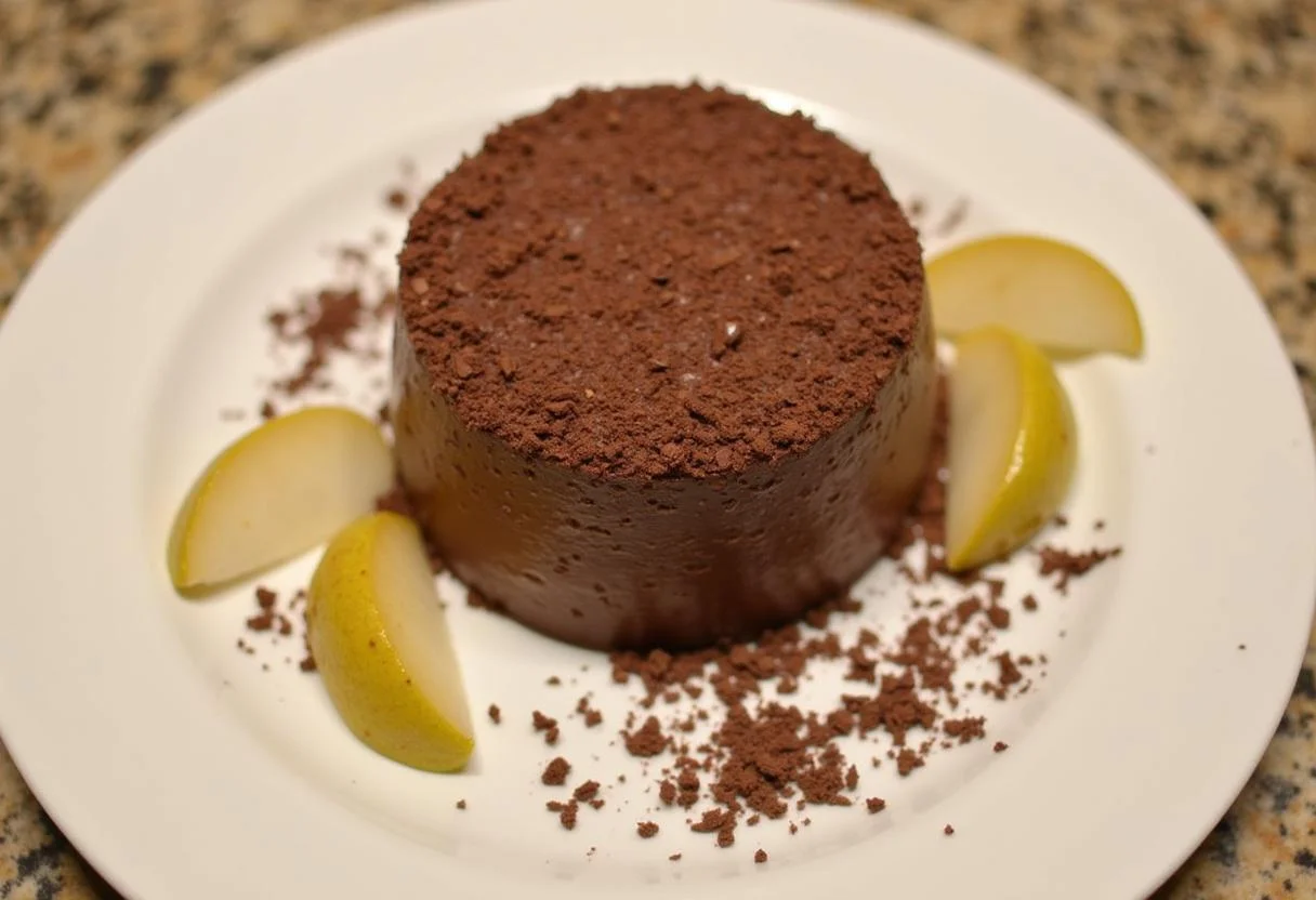 Présenter la Charlotte Poire Chocolat Classique avec des copeaux de chocolat et des tranches de poire, un délice à déguster. Recettes faciles pour les occasions spéciales.