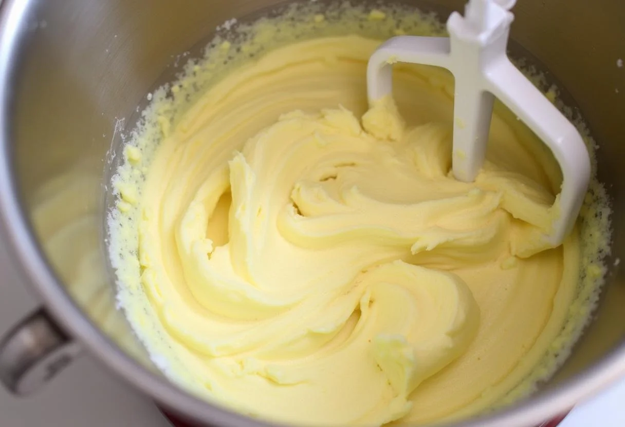 Mélange de sucre et d'œufs dans un bol pour la recette classique de Charlotte Poire Chocolat.