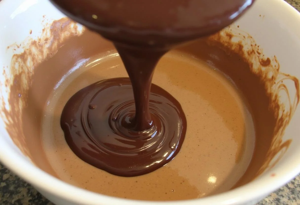 Incorporation de chocolat noir fondu dans le mélange pour la Charlotte Poire Chocolat.