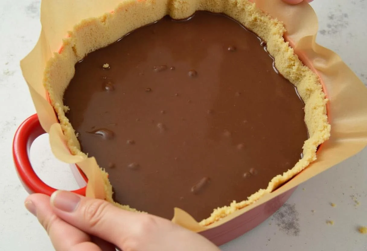 Verser le mélange de chocolat dans le moule pour la Charlotte Poire Chocolat Classique, garantissant une texture crémeuse et onctueuse. Cuisine simple à essayer.