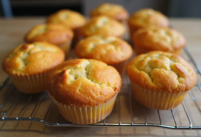 Muffins dorés en présentation sur une grille, prêts à être dégustés avec un moule à muffins.