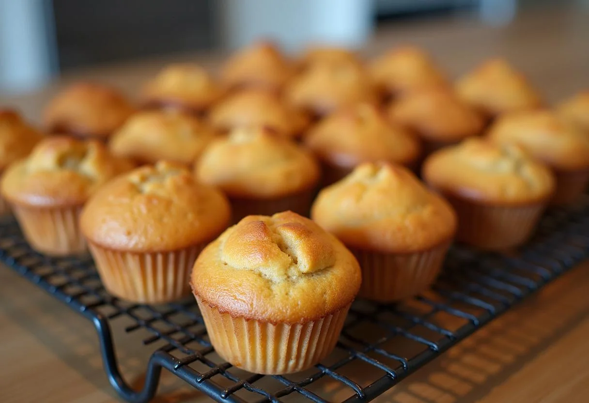 Muffins dorés en présentation sur une grille, prêts à être dégustés avec un moule à muffins.