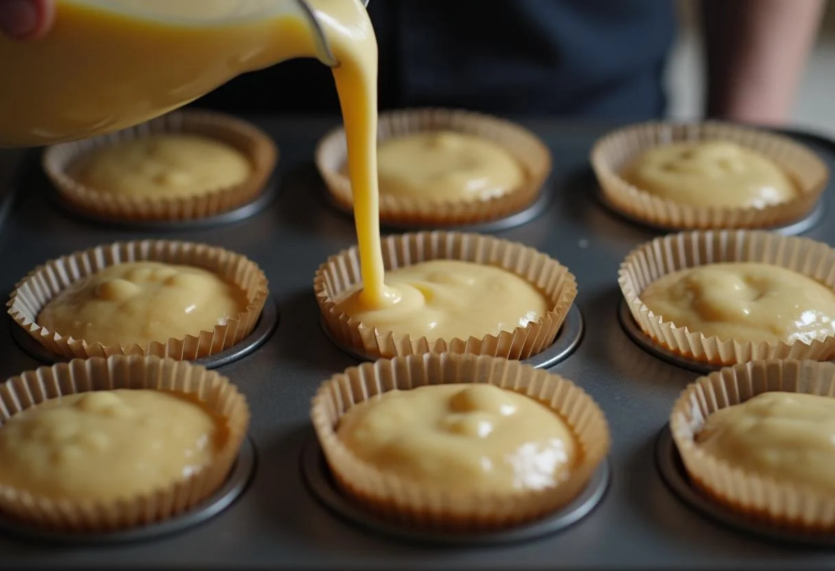 Versement de la pâte à muffins dans le moule à muffins pour créer des muffins moelleux.