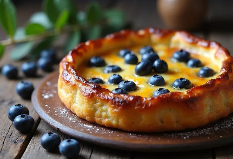 Clafoutis aux myrtilles sauvages parfaitement cuit, prêt à être dégusté, avec des baies fraîches comme décoration.