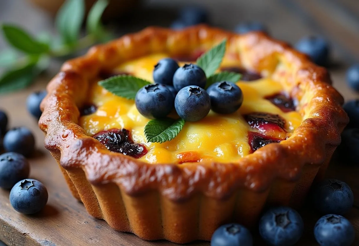 Clafoutis aux myrtilles sauvages parfaitement cuit, prêt à être dégusté, avec des baies fraîches comme décoration.