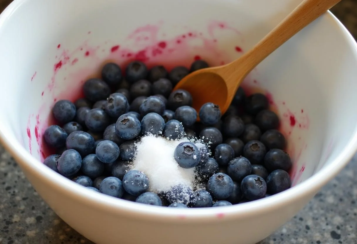 Préparation des myrtilles pour la recette clafoutis aux myrtilles, mélange de sucre et de sel avec des baies fraîches.