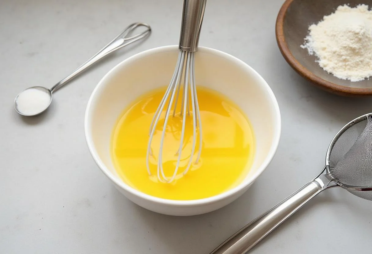 Mélange d'œufs et de lait pour clafoutis aux myrtilles, avec de la farine tamisée prête à être ajoutée.