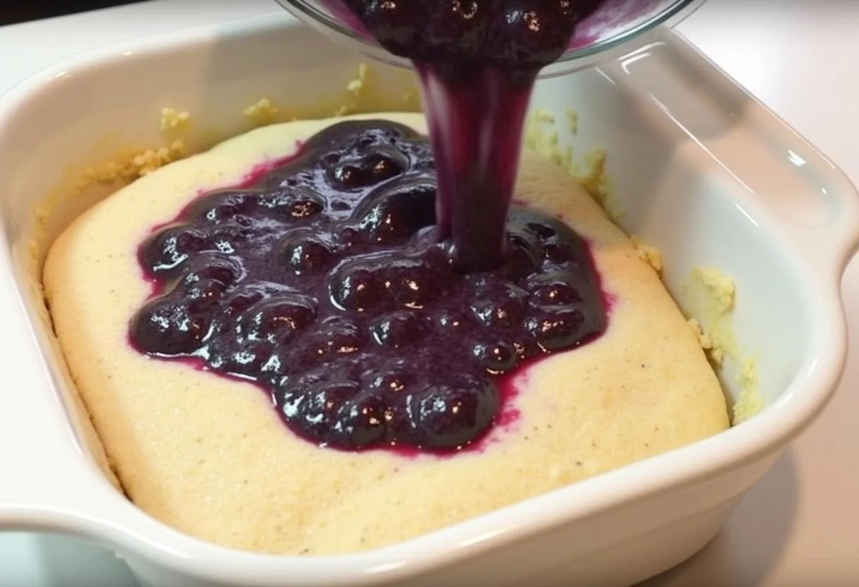Versement des myrtilles dans le plat pour clafoutis aux myrtilles, préparation finale avant la cuisson.