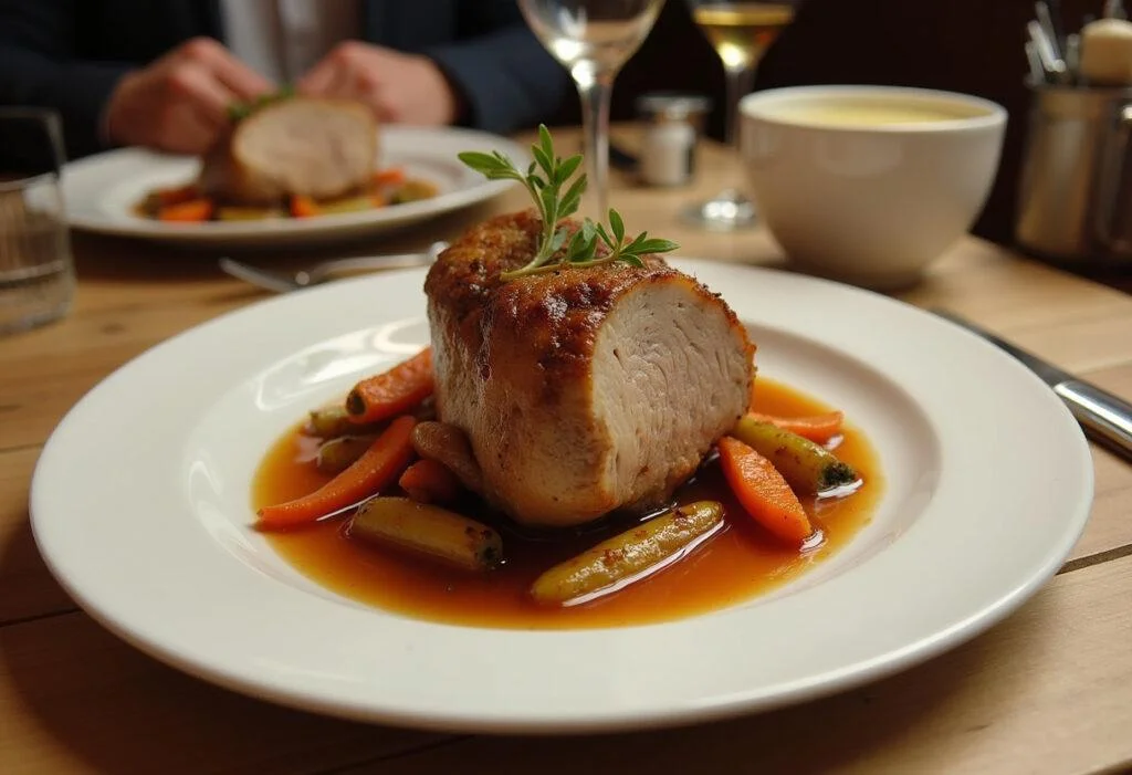 Plat de rôti de porc rôti magnifiquement présenté avec des légumes rôtis, l'accompagnement idéal pour un roti de porc.