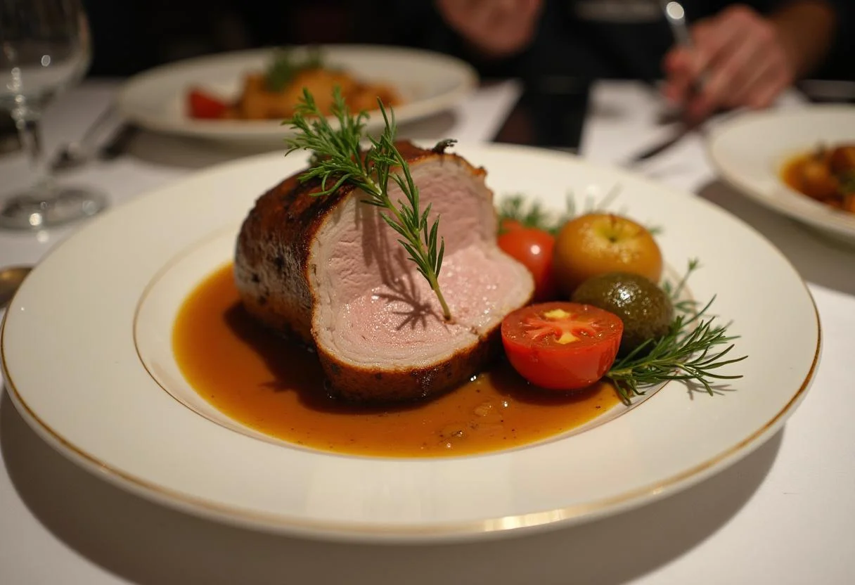 Plat de rôti de porc rôti magnifiquement présenté avec des légumes rôtis, l'accompagnement idéal pour un roti de porc.