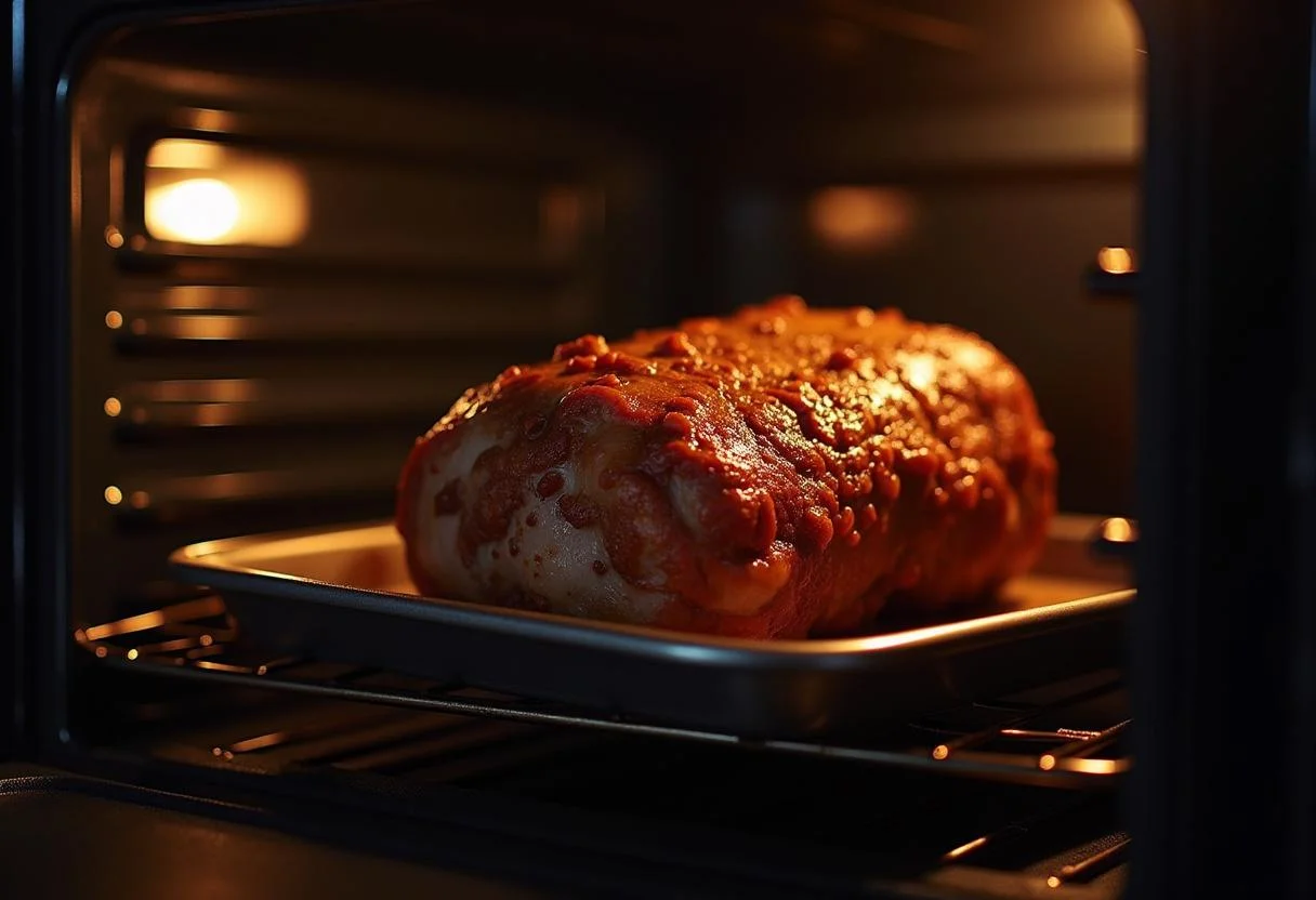 Rôti de porc dans le four préchauffé, illustrant le temps de cuisson du rôti de porc 1kg au four.