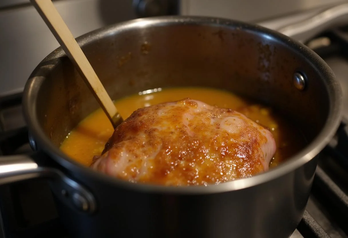 Sauce pour accompagner le rôti de porc en train de mijoter sur le feu, préparant l'accompagnement d'un roti de porc.