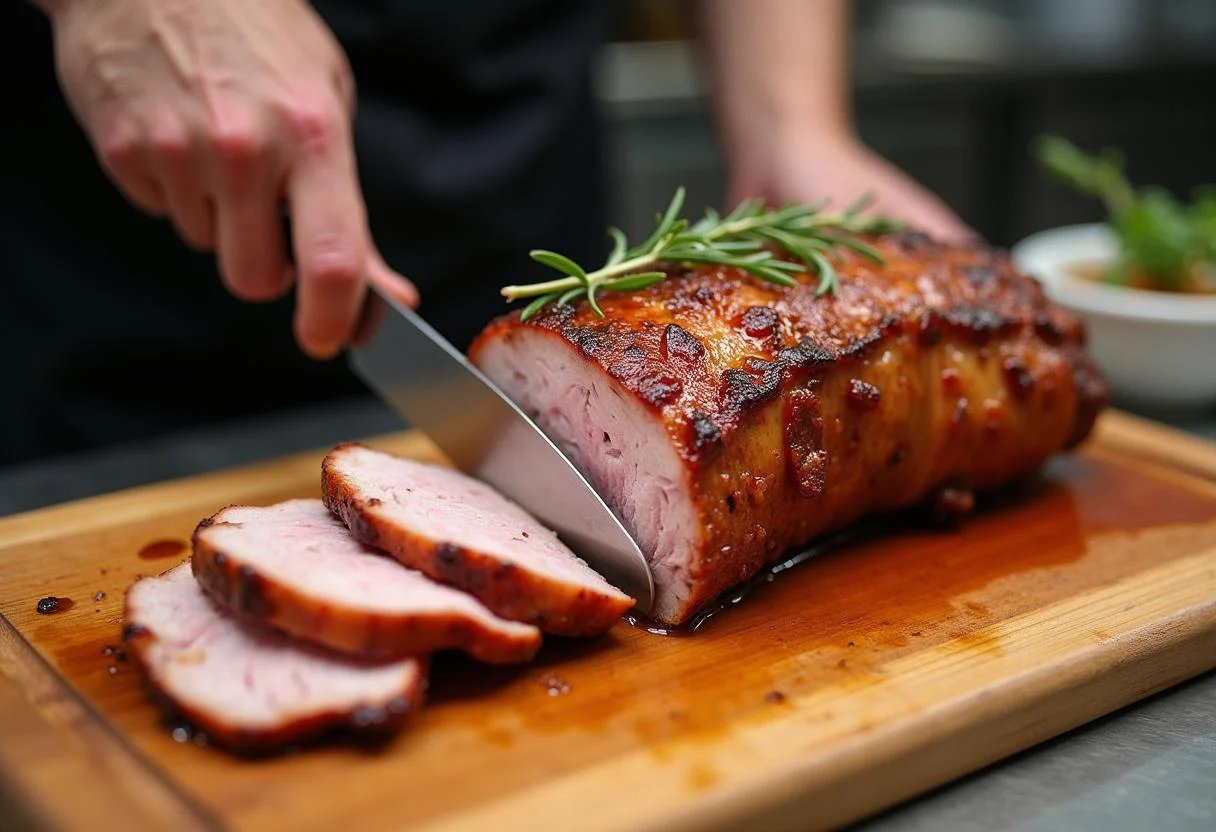 Découpe du rôti de porc croustillant sur une planche en bois, parfait pour un accompagnement de roti de porc.