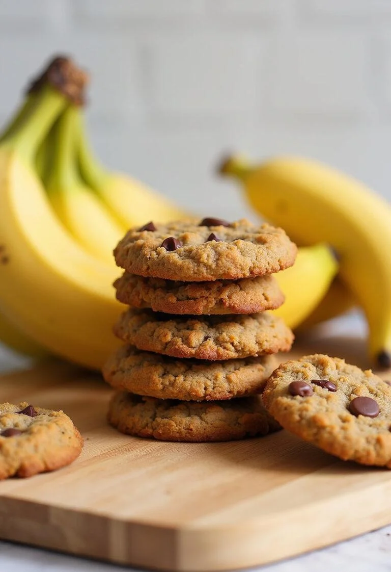 Cookies banane healthy sans sucre présentés sur une planche en bois avec des bananes fraßches, parfaits pour une collation saine.