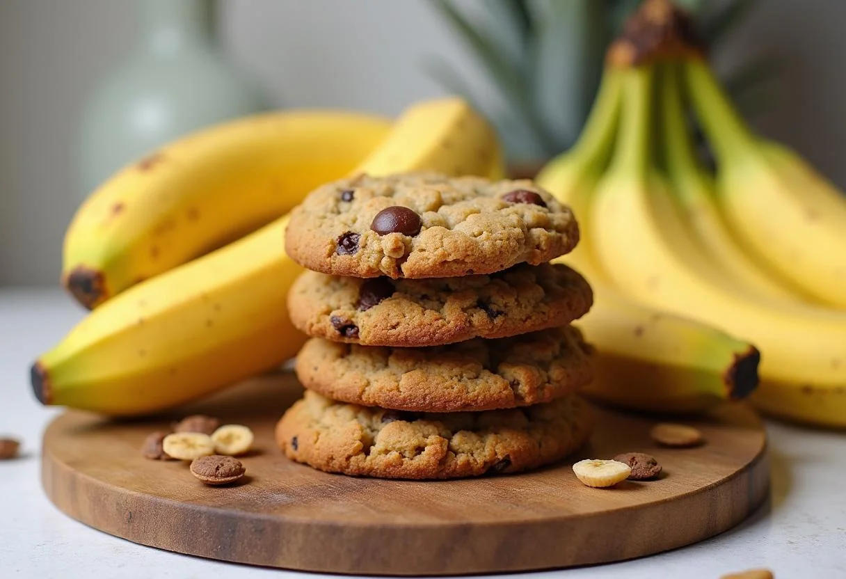 Cookies banane healthy sans sucre présentés sur une planche en bois avec des bananes fraßches, parfaits pour une collation saine.
