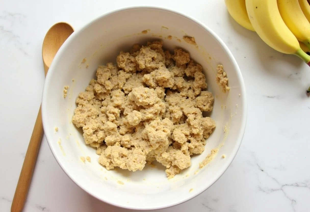 Mélange de bananes mûres écrasées et d'avoine dans un bol, préparant des cookies banane healthy sans sucre.