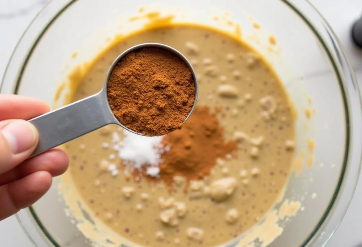 Ajout de cannelle et de sel à la préparation de cookies banane healthy sans sucre, créant une délicieuse pùte.