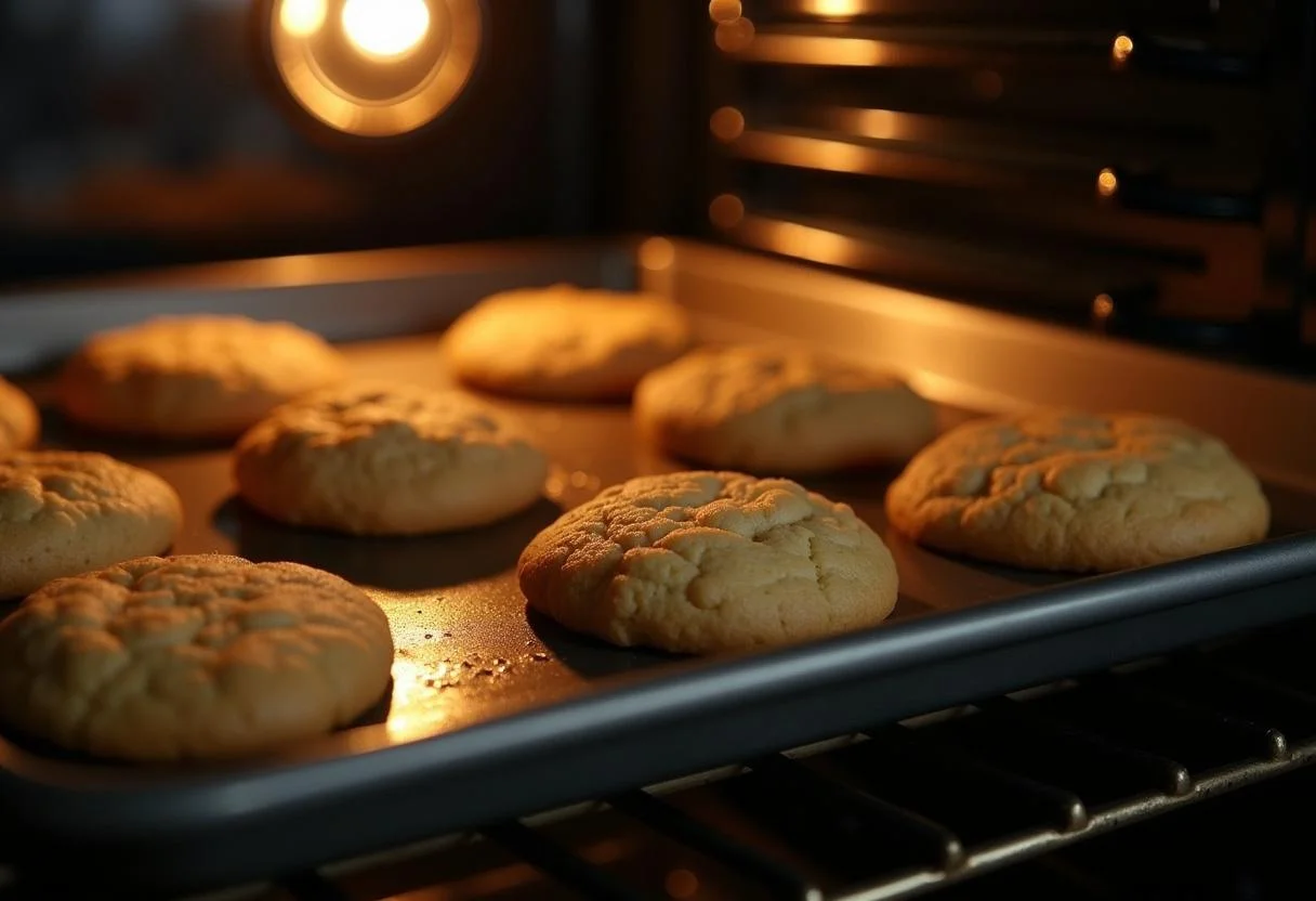 Cuisson des cookies banane healthy sans sucre au four, créant une texture dorée et croustillante.