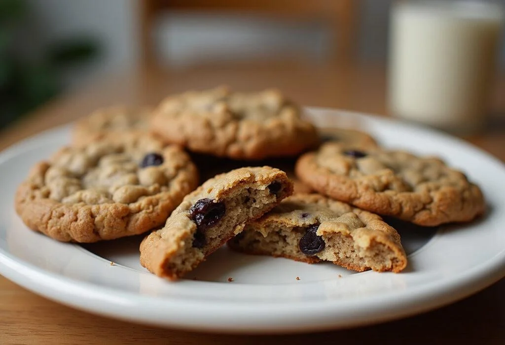 Servir des cookies flocons d'avoine raisins chauds, avec des bords dorés et un centre moelleux, dans une ambiance chaleureuse.