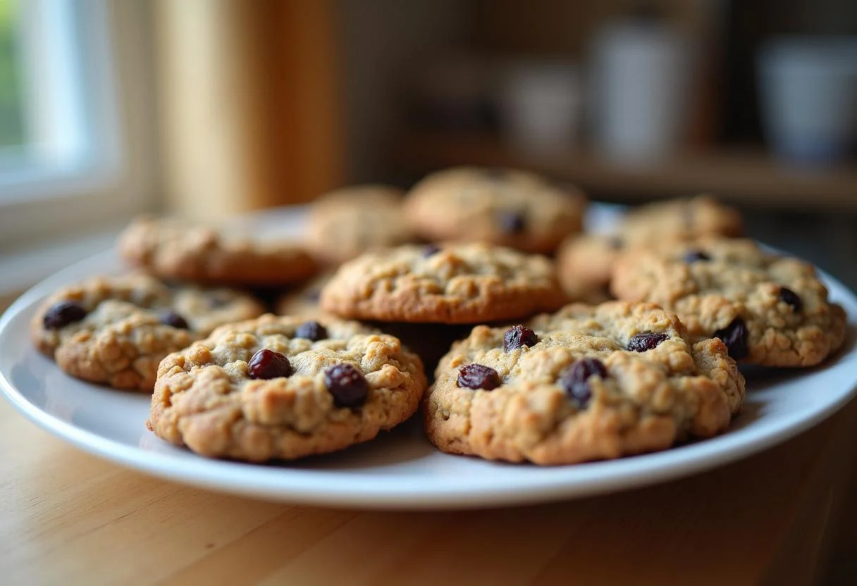 Servir des cookies flocons d'avoine raisins chauds, avec des bords dorés et un centre moelleux, dans une ambiance chaleureuse.