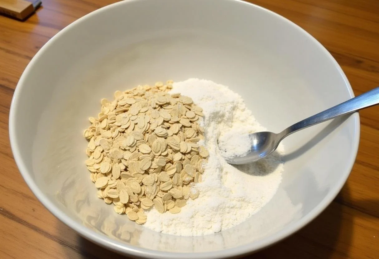 Mélanger les flocons d'avoine, la farine, le bicarbonate de soude et une pincée de sel dans un grand bol à mélanger en bois pour la recette cookies flocons d'avoine raisin.