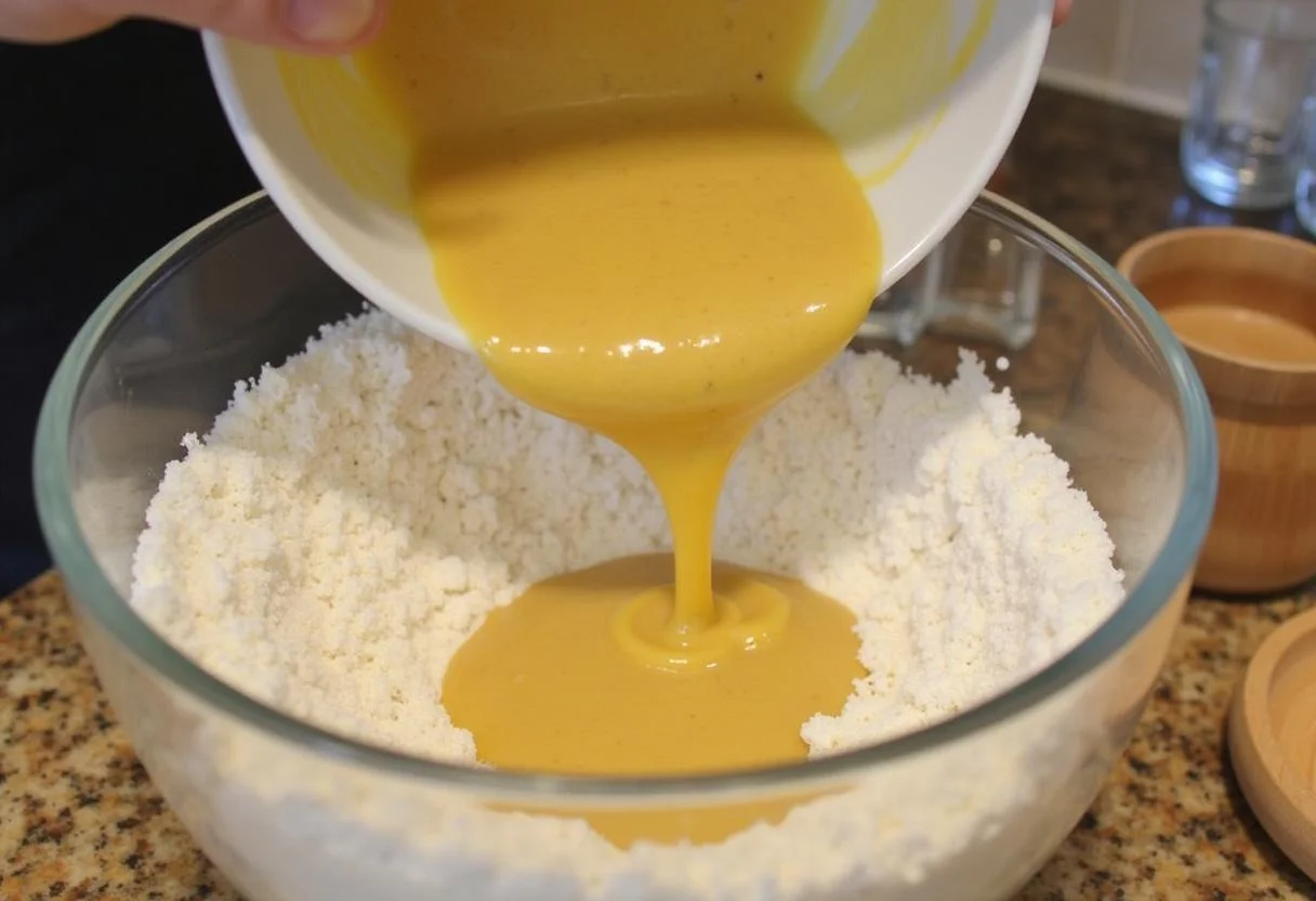 Incorporer progressivement le mélange de bananes aux ingrédients secs pour réaliser des cookies flocons d'avoine délicieusement moelleux.