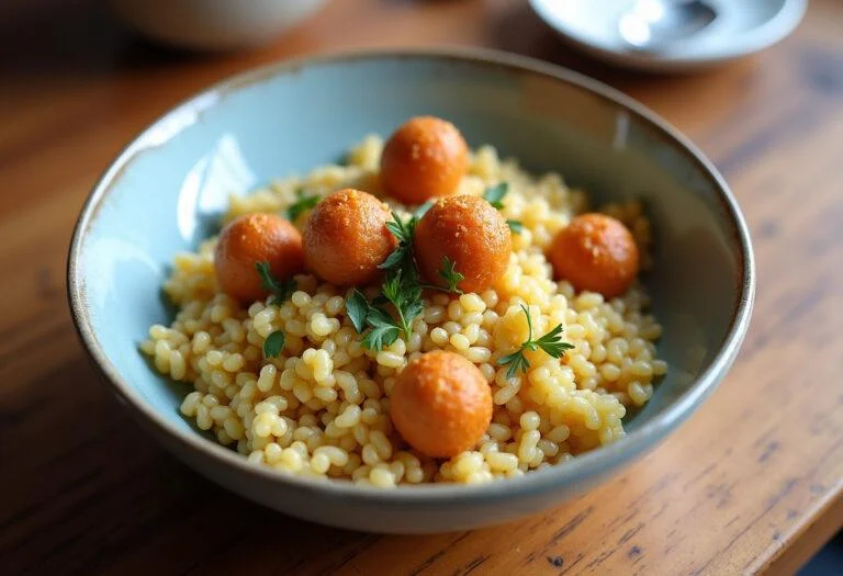 Un bol de Couscous Royal aux Boulettes Savoureuses, présentant la richesse et la saveur du plat emblématique de la cuisine méditerranéenne.