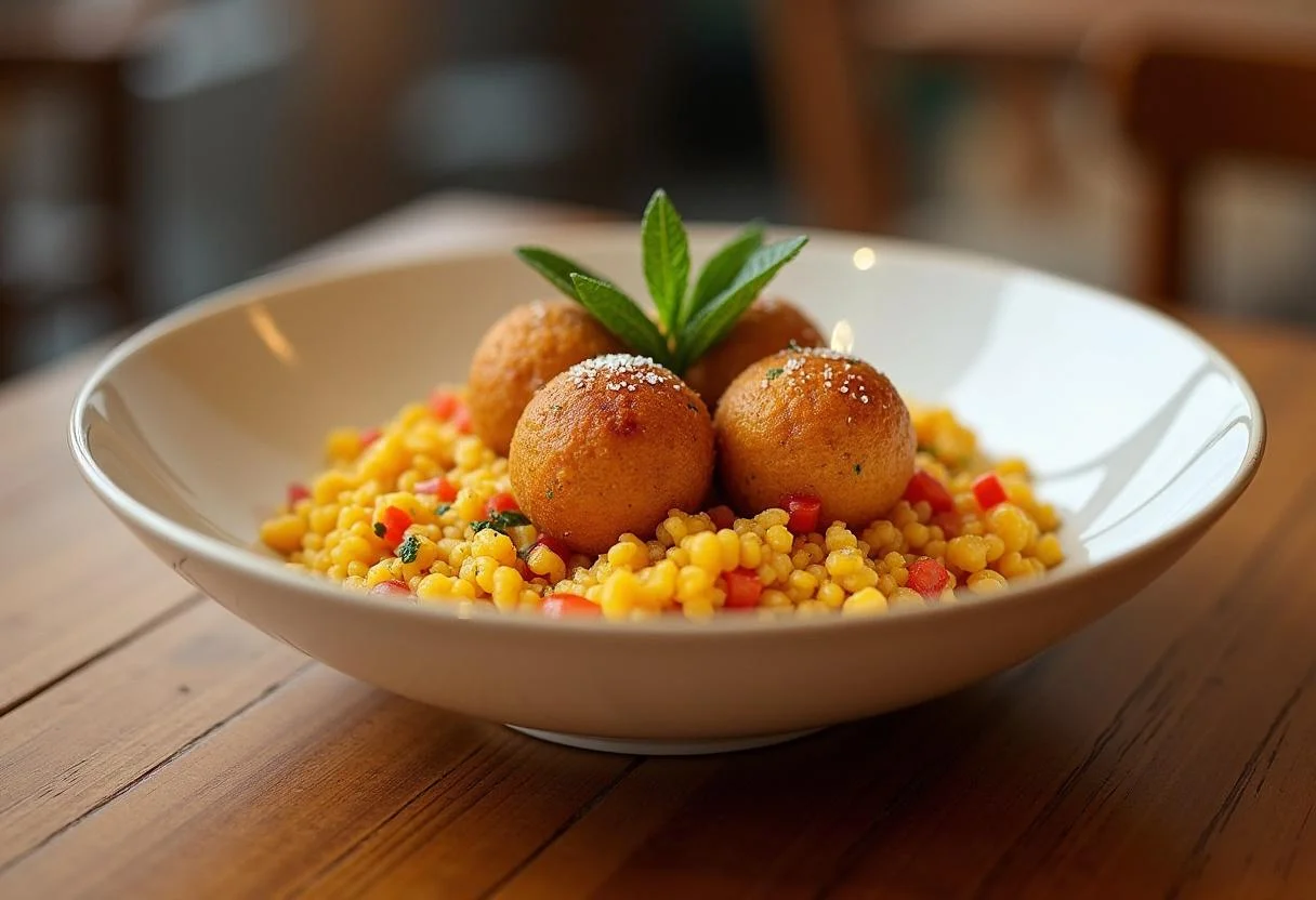 Un bol de Couscous Royal aux Boulettes Savoureuses, présentant la richesse et la saveur du plat emblématique de la cuisine méditerranéenne.