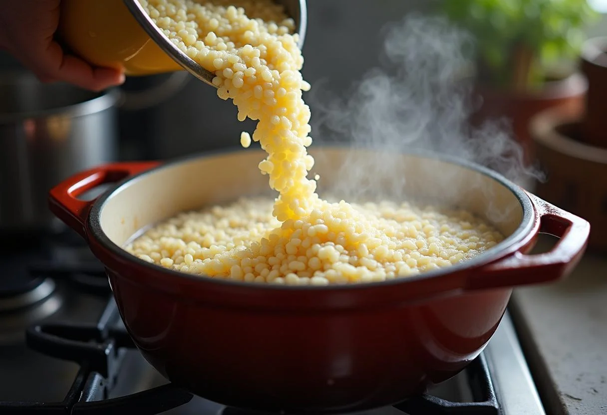 Couscous dans une grande casserole en train de bouillir pour préparer un plat savoureux, riche en boulette couscous.