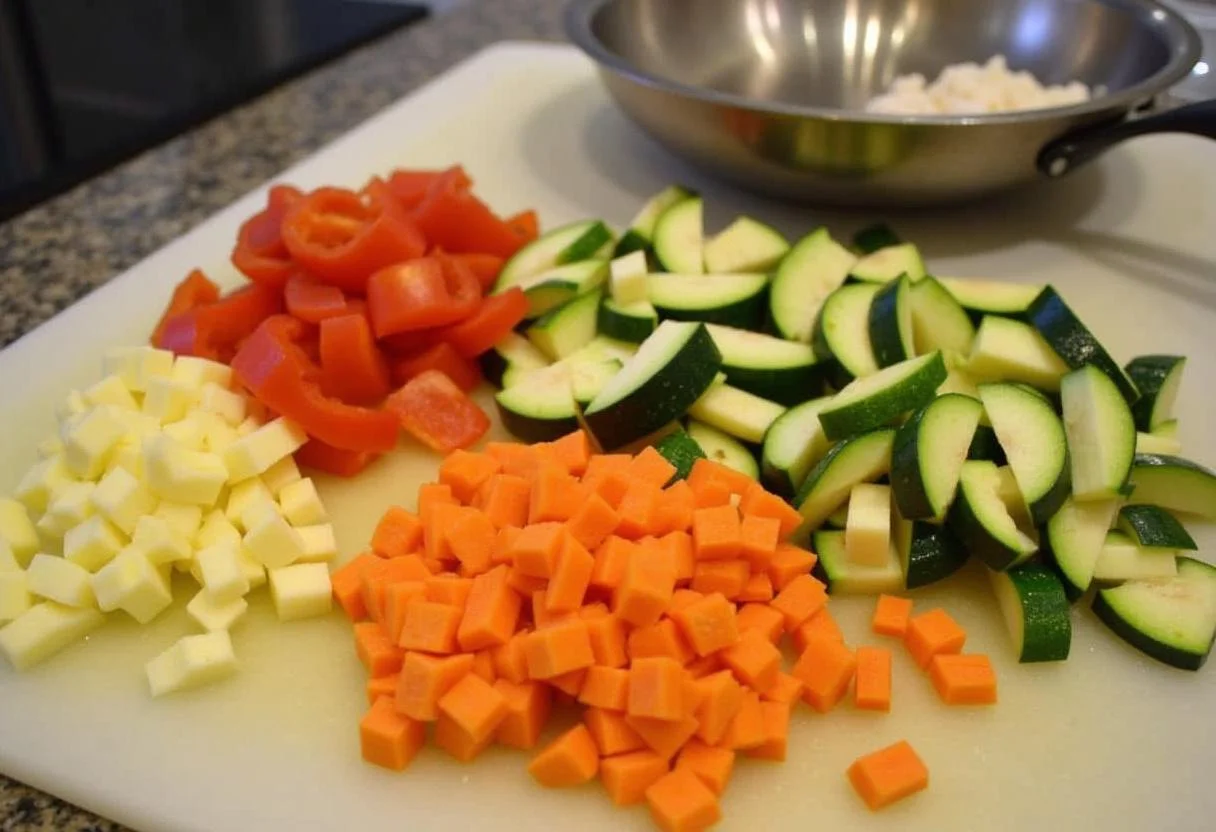 Légumes colorés pour un couscous royal aux boulettes savoureuses, avec des carottes, courgettes et poivrons coupés.