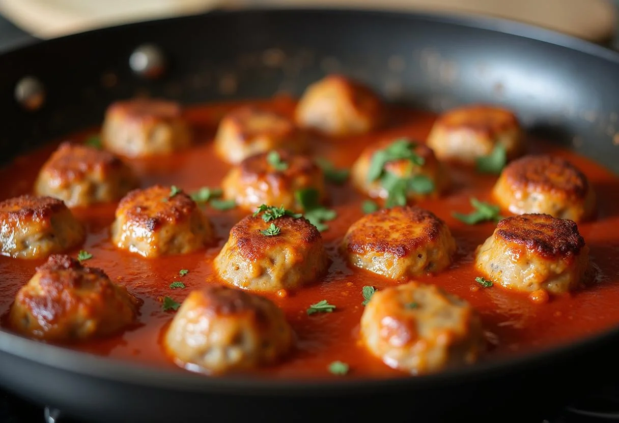 Boulettes dorées en train de cuire dans une poêle, ajoutant de la saveur au couscous royal, avec une sauce épicée.