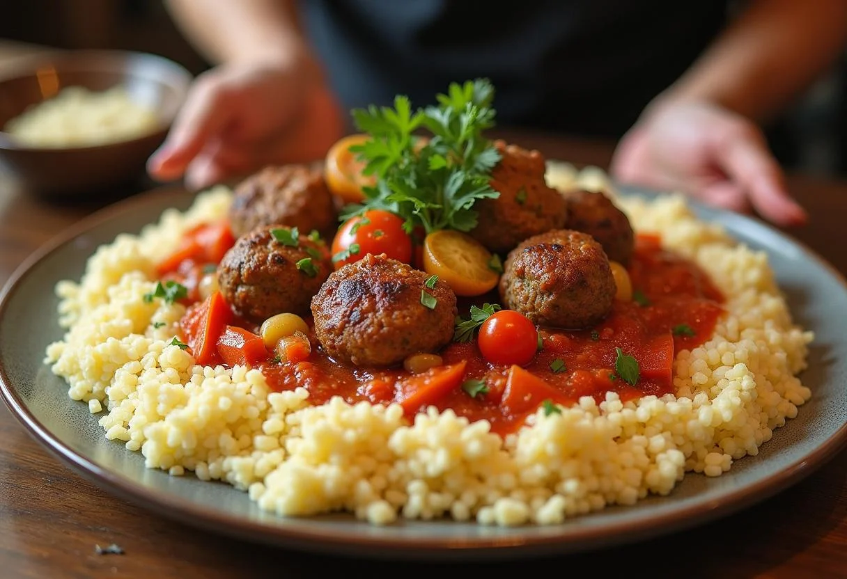 Présentation d'un plat de couscous royal aux boulettes savoureuses, avec une belle disposition de boulette couscous et légumes.