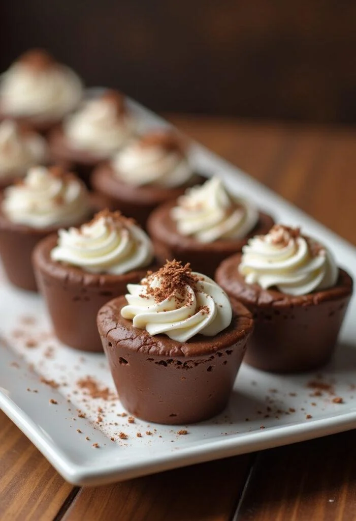 Présentation de délicieuses coupes de crème dessert au chocolat maison, ornées de crème fouettée et de copeaux de chocolat.