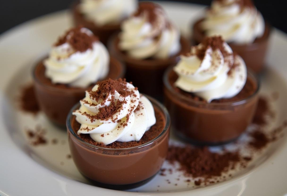 Présentation de délicieuses coupes de crème dessert au chocolat maison, ornées de crème fouettée et de copeaux de chocolat.