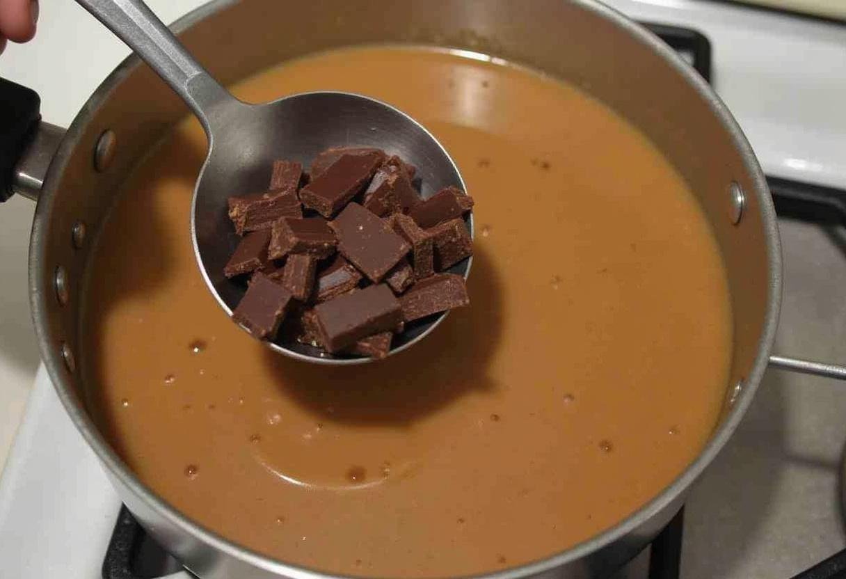 Incorporation de chocolat noir haché dans la préparation chaude pour créer une crème dessert au chocolat fondante.