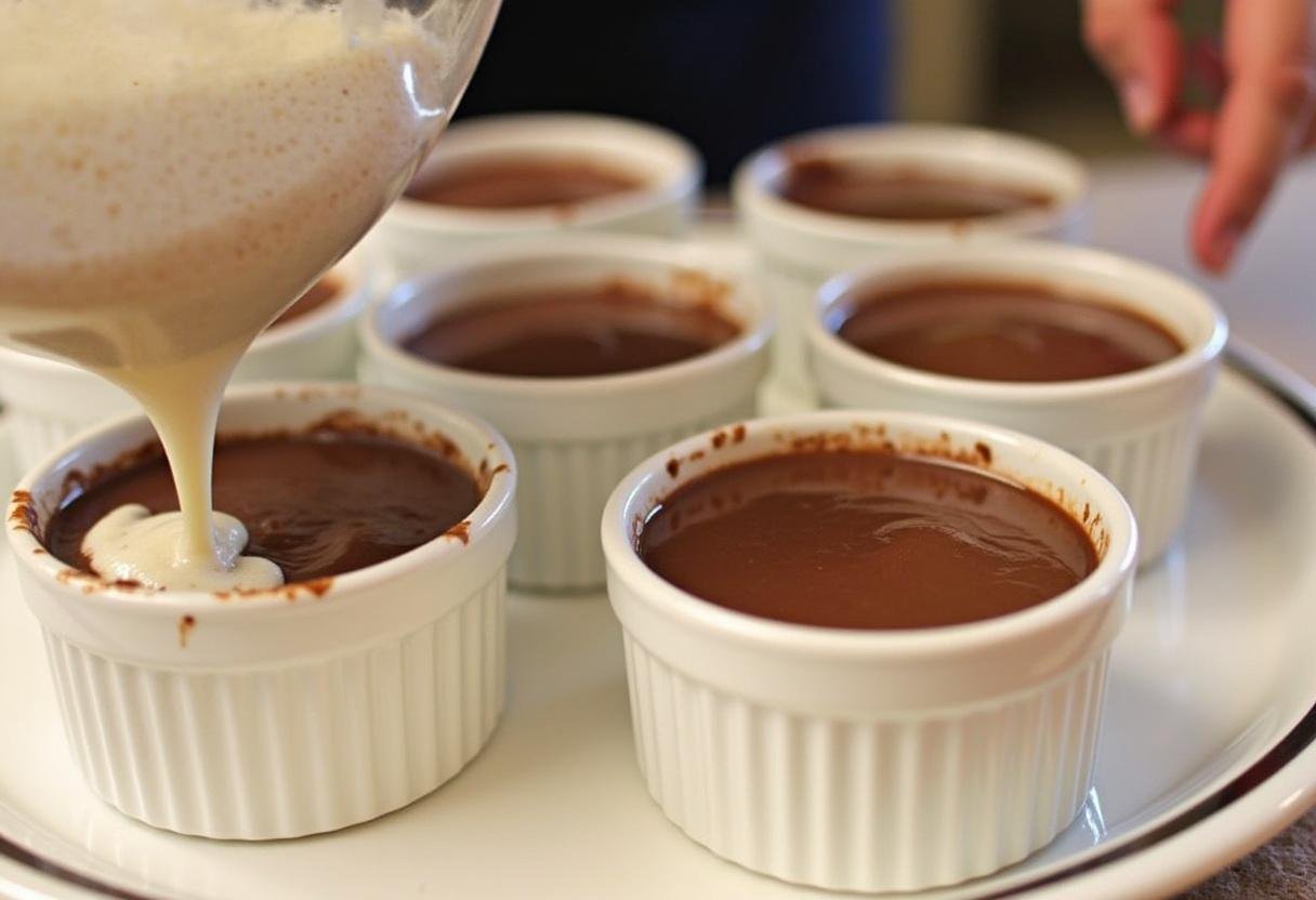 Verser la crème dessert au chocolat dans des ramequins pour refroidissement avant de les mettre au réfrigérateur.