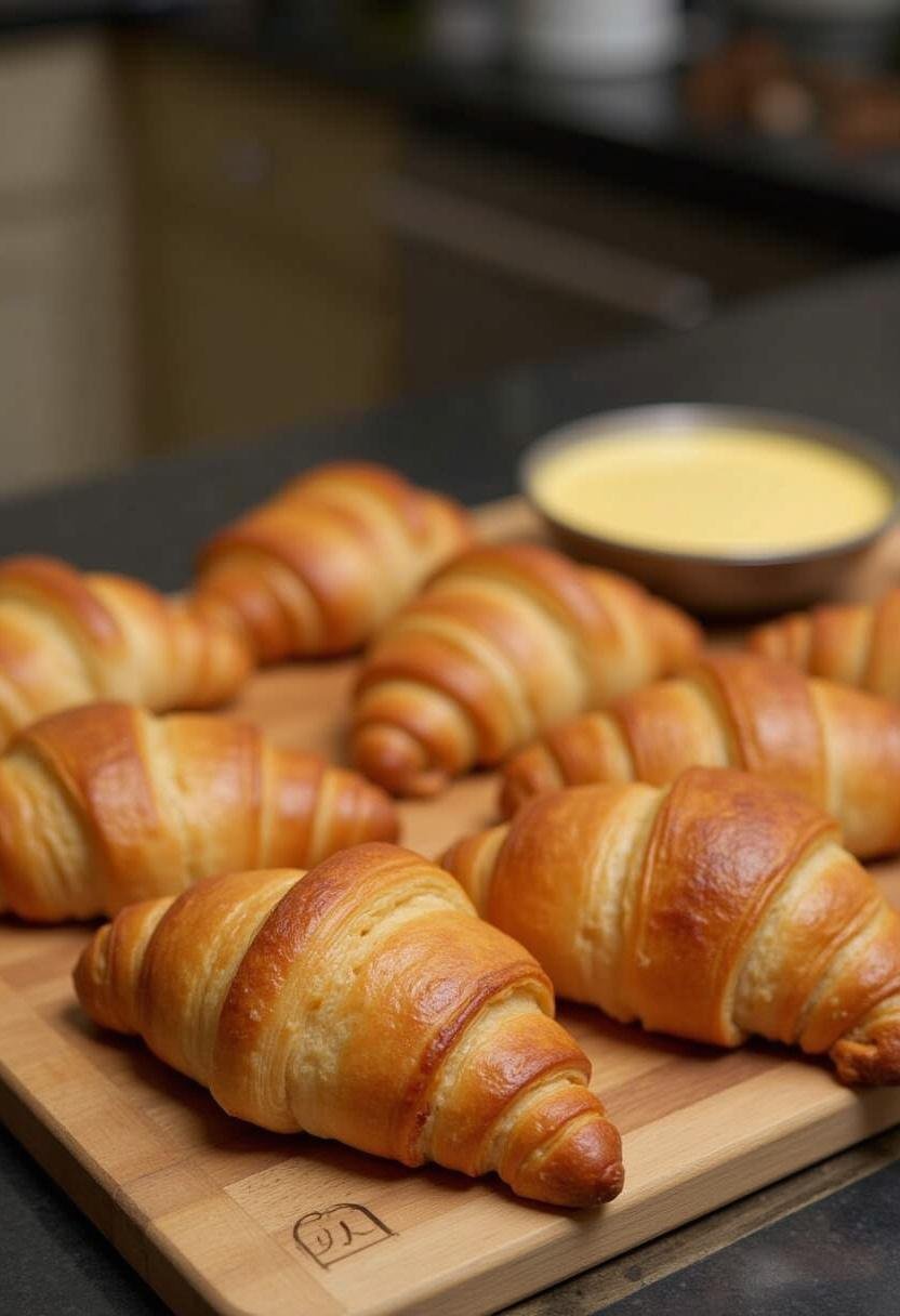 Croissants au jambon fromage feuilletés maison, dorés et feuilletés, présentés sur une planche à découper dans une cuisine chaleureuse.