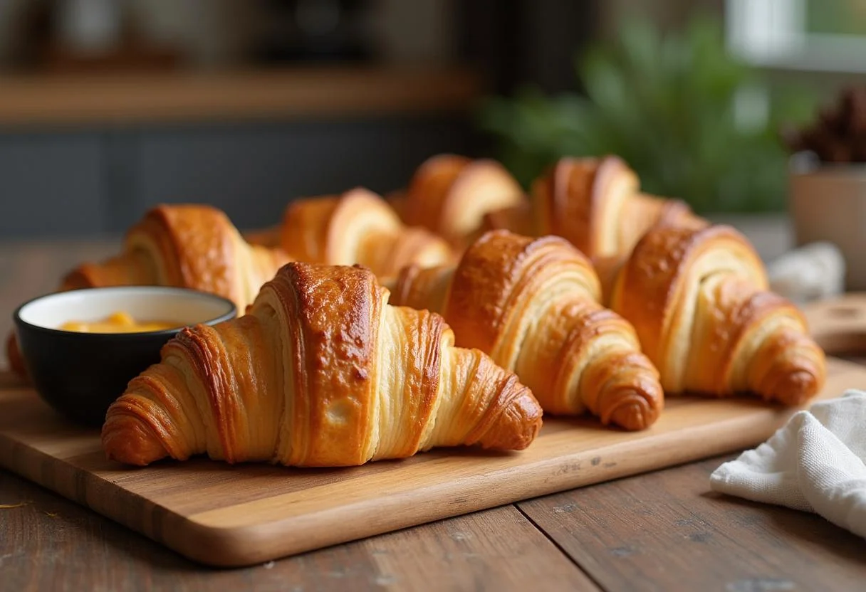 Croissants au jambon fromage feuilletés maison, dorés et feuilletés, présentés sur une planche à découper dans une cuisine chaleureuse.