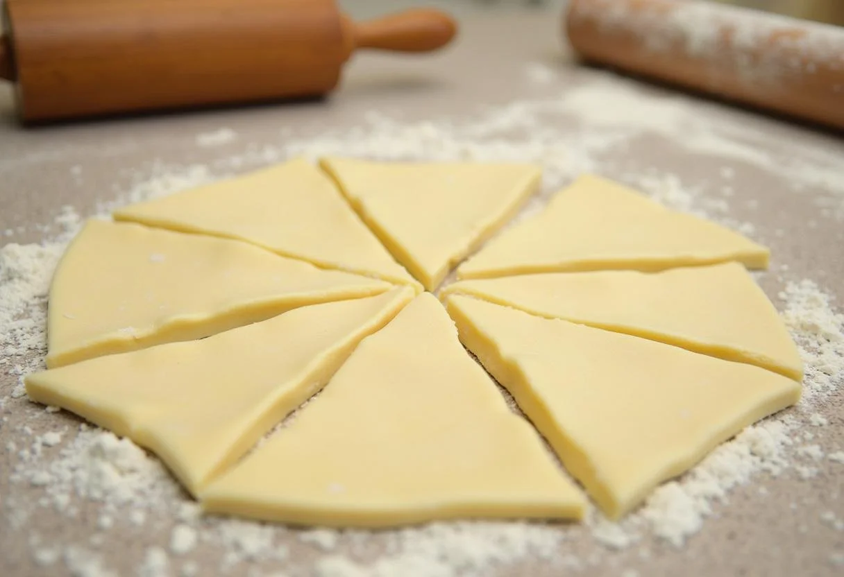 Préparation des croissants au jambon fromage feuilletés maison avec une pâte feuilletée découpée en triangles sur un plan de travail.