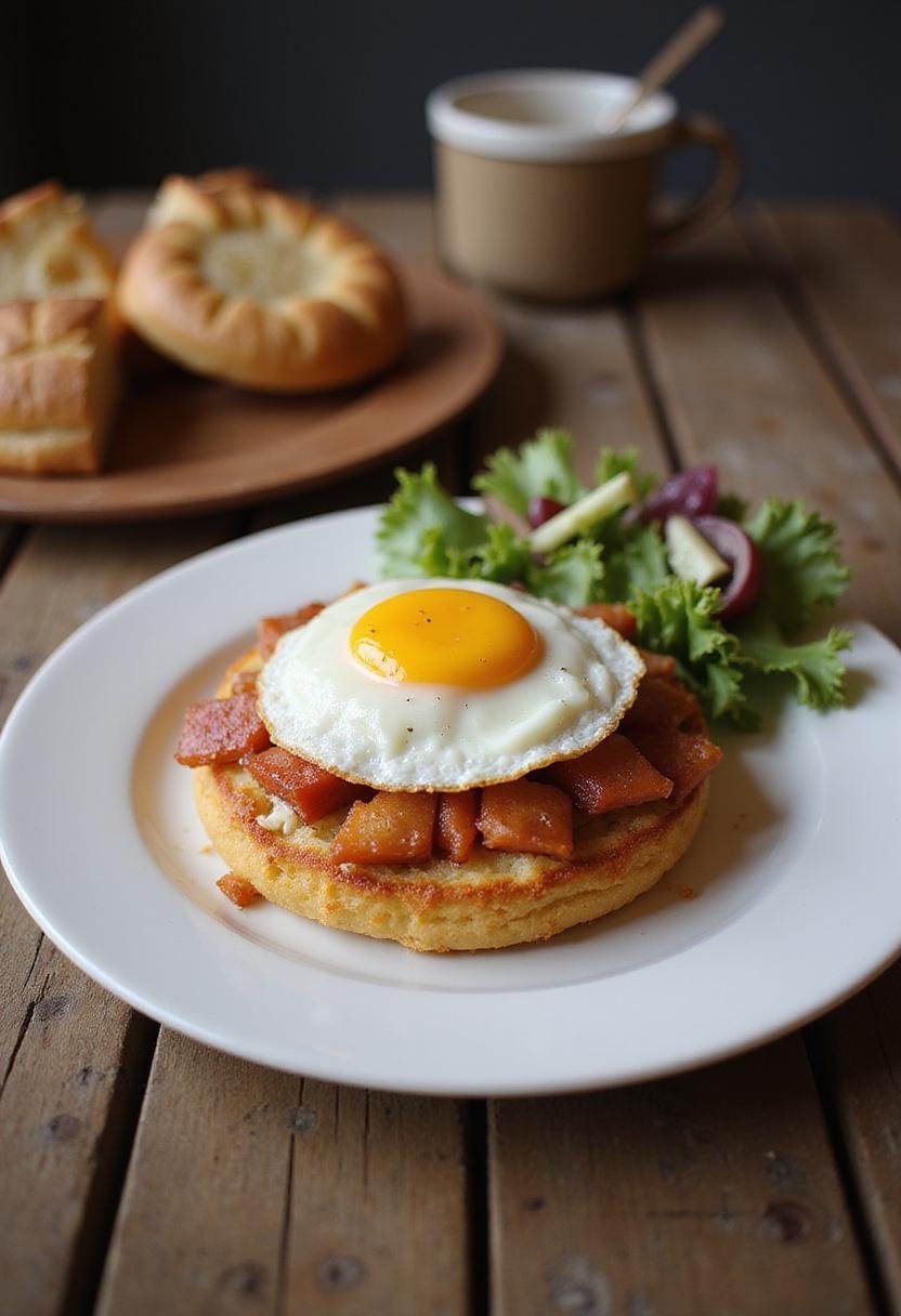 Finished Croque-Madame Savoureux with golden crust and egg, perfect for a gourmet brunch.