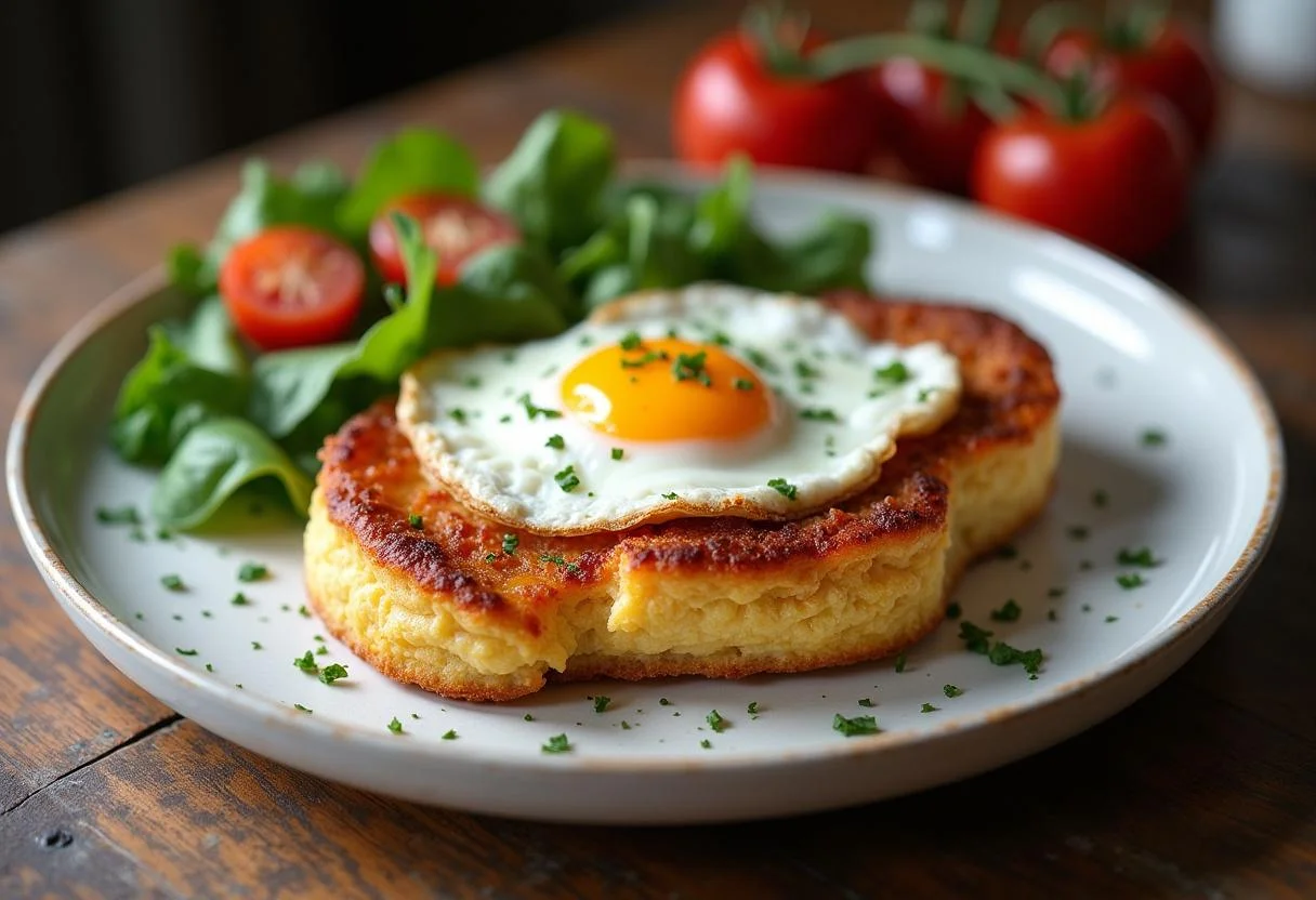 Croque-Madame Savoureux fini avec une croûte dorée et un œuf, parfait pour un brunch gastronomique.