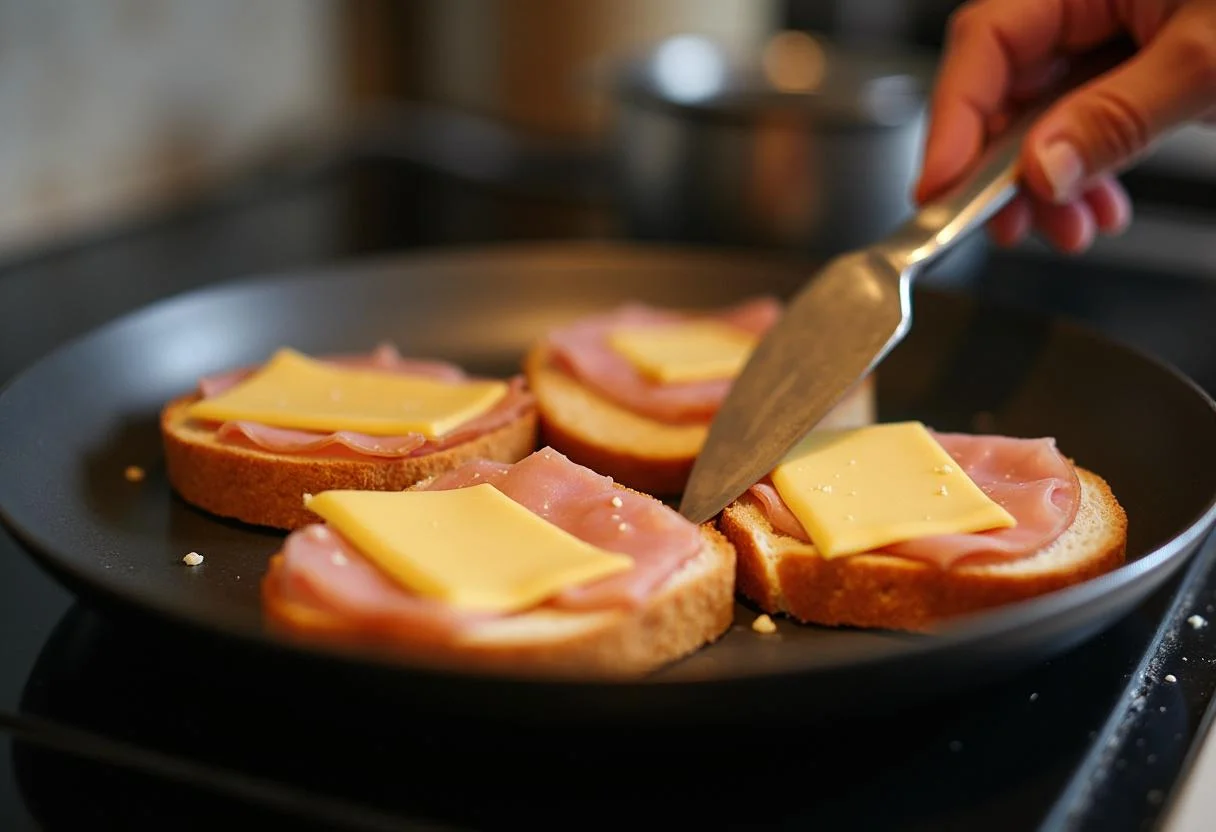 Pain à griller pour Croque-Madame Savoureux avec fromage et jambon prêt à être superposé.