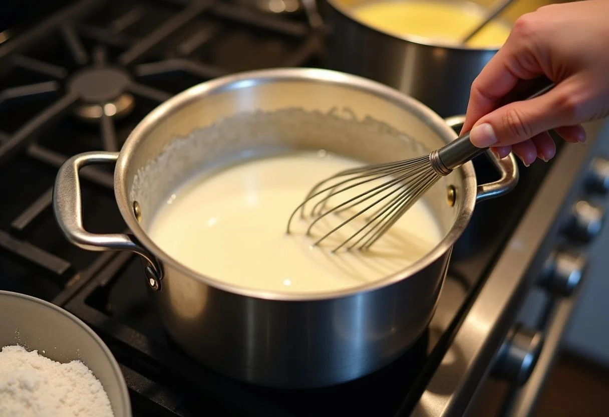 Préparation de la sauce béchamel pour Croque-Madame Savoureux dans une casserole sur la cuisinière.
